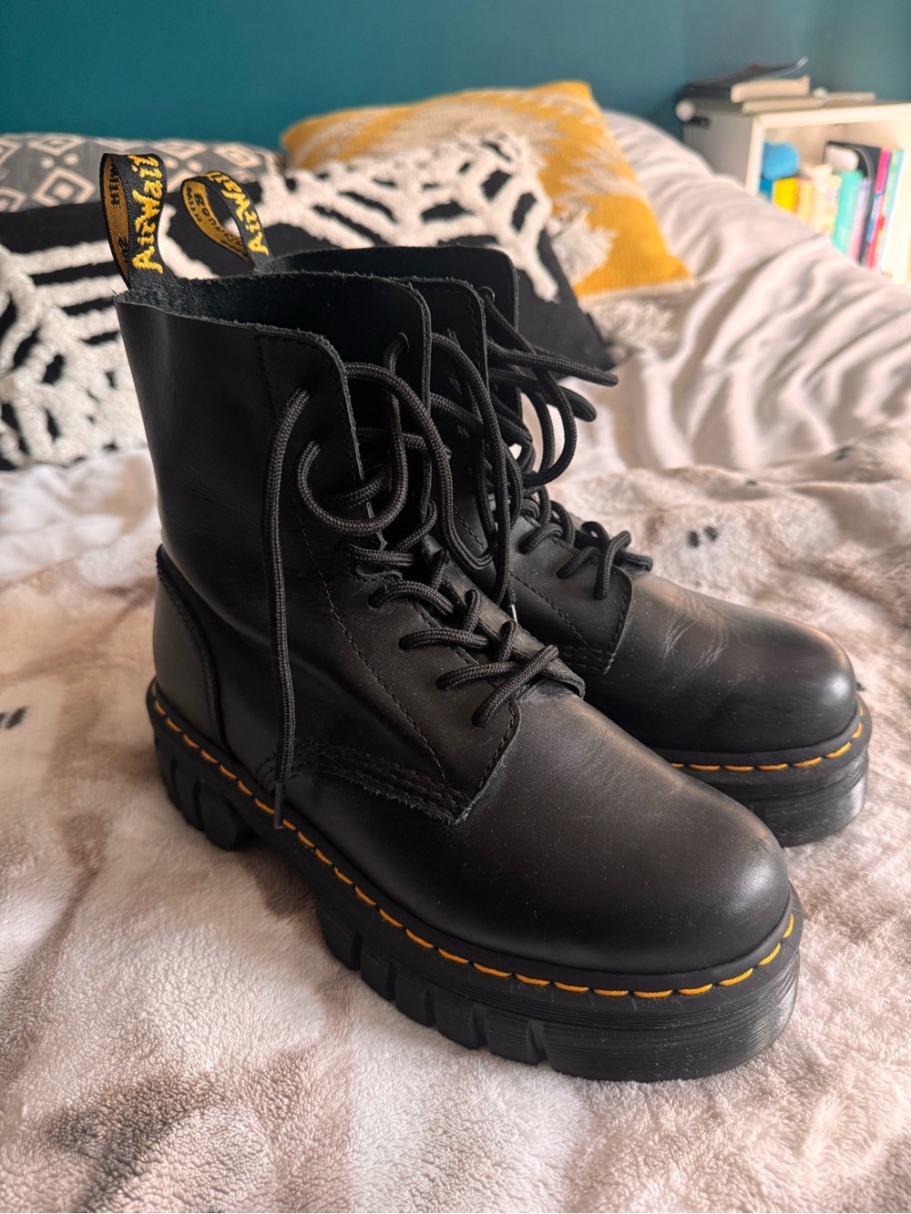Dr. Martens Black Leather Platform Lace-Up Boots with Yellow Stitching